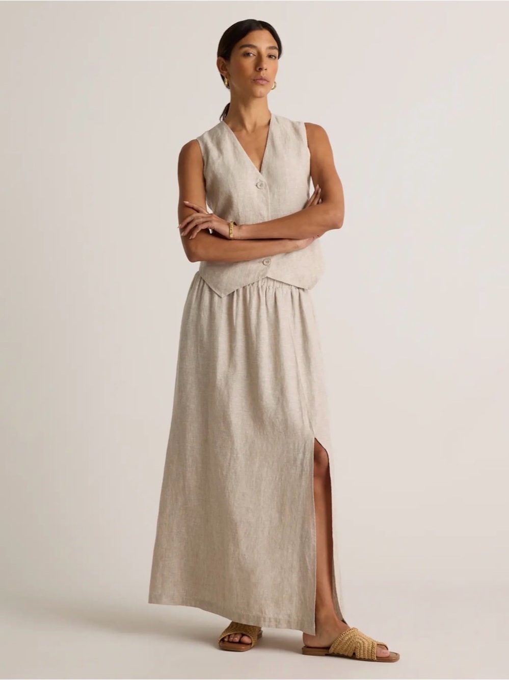 Quince Sleeveless vest & Linen Maxi Skirt with Side Slit